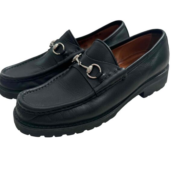 Gucci Black Leather Horsebit Lug Sole Loafers Silver Bit Detail Preppy Designer - Picture 2 of 13